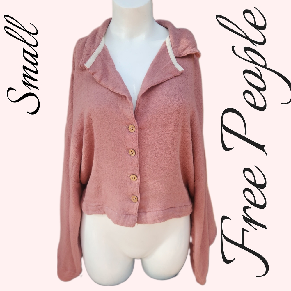 Free People Oversized Salmon Button‑Down Shirt with Back Tie – Small